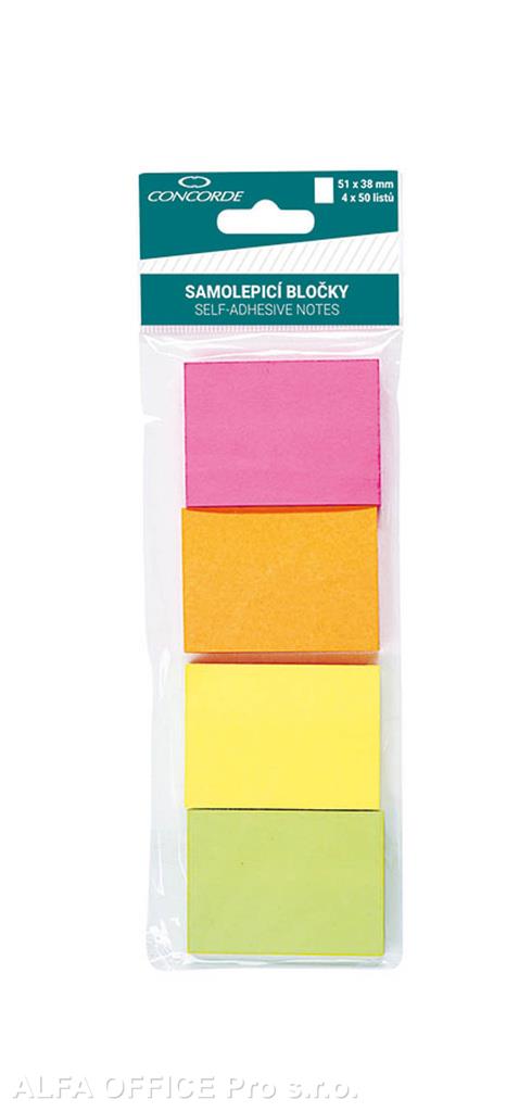 Samolepicí bločky Concorde neonové - 51 mm x 38 mm / 4 ks