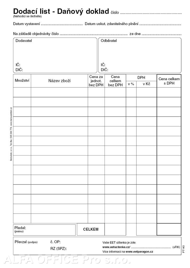 Dodací list daňový doklad Baloušek A5 / 50 listů / NCR / PT140
