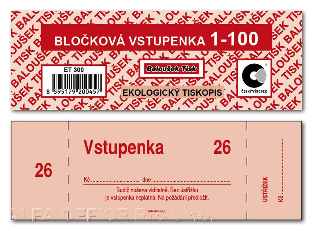 Bločkové vstupenky Baloušek 133 x 39 mm / 1-100 / 4 odstíny barev / ET300