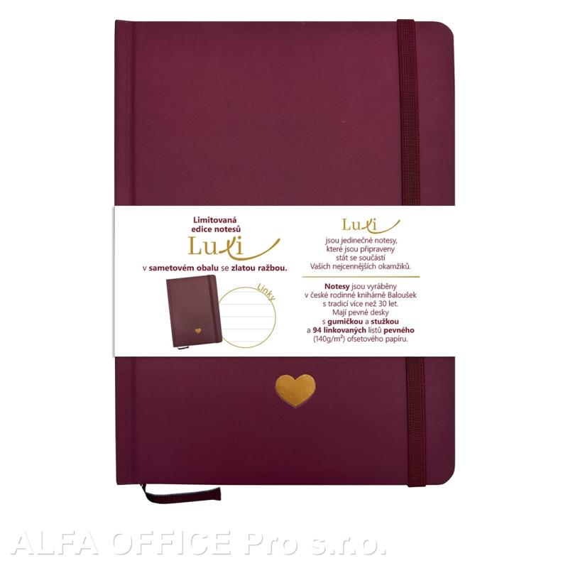 Blok Luxi A5 - linka / 96 listů / bordó srdce