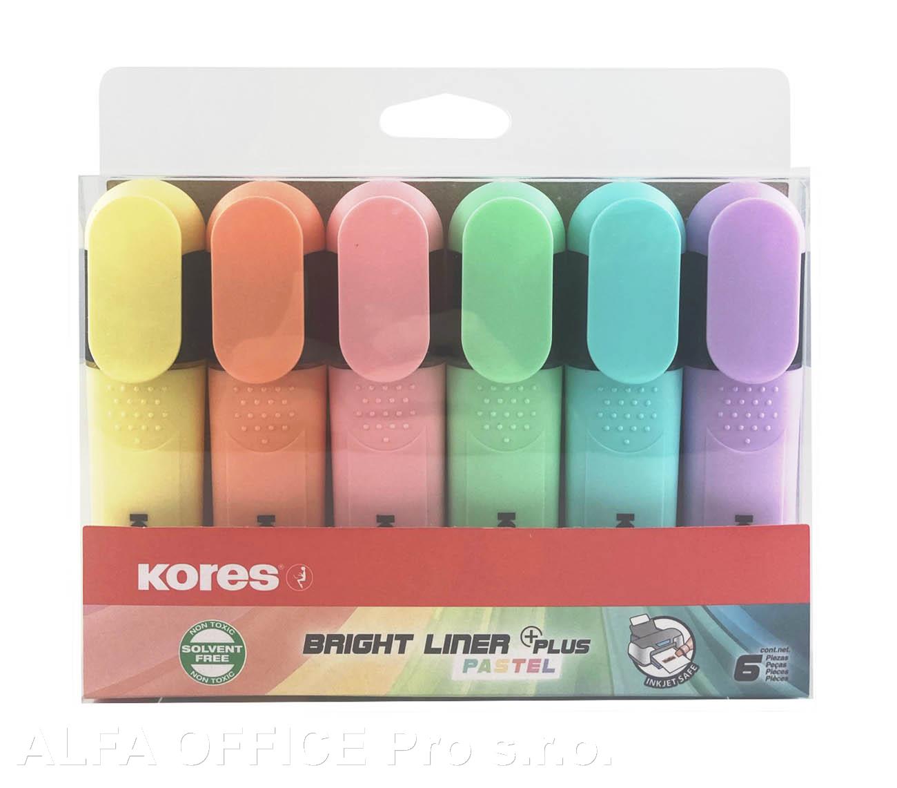 Zvýrazňovač Kores Bright Liner Pastel / sada 6 ks