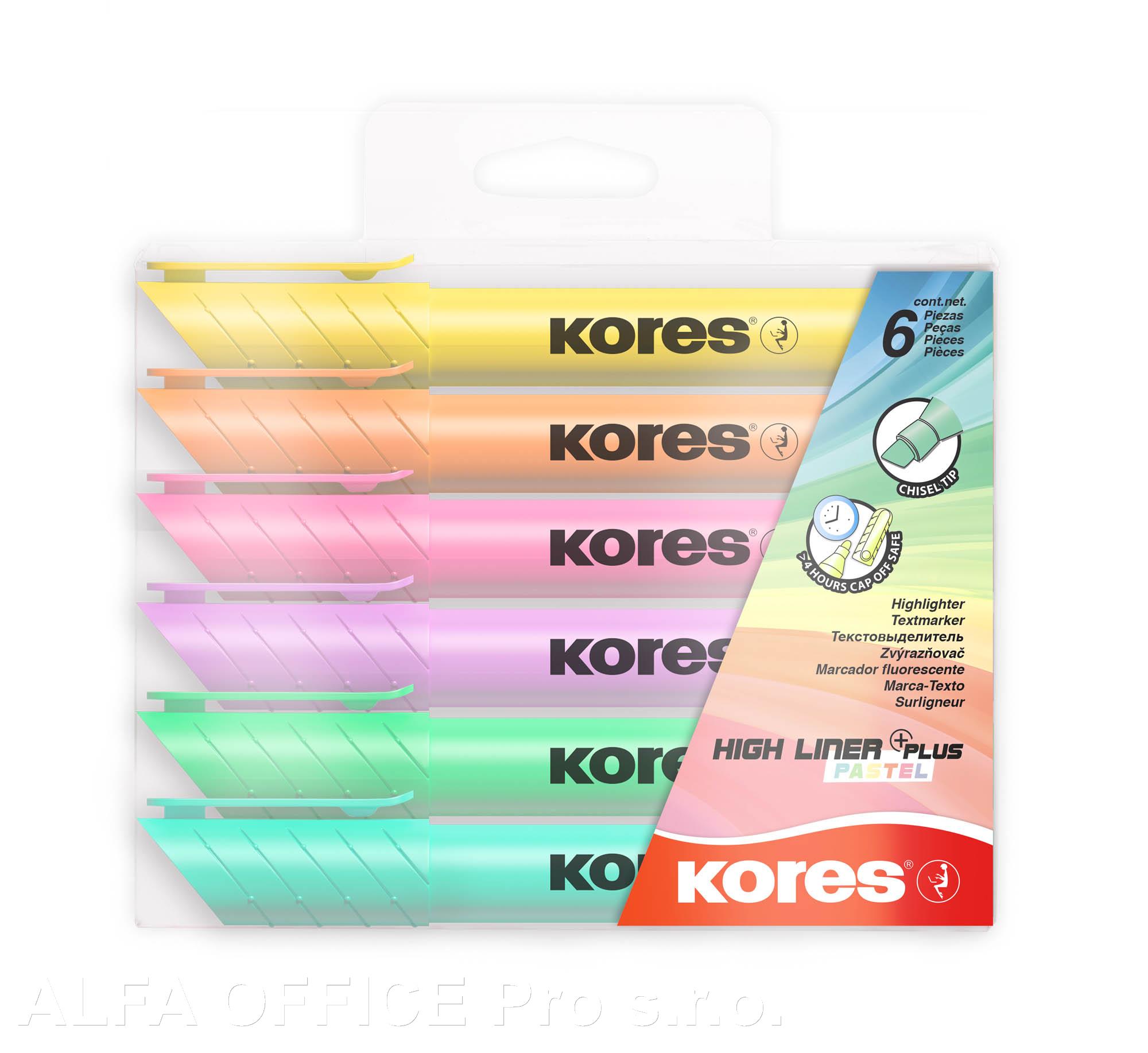 Zvýrazňovač Kores High liner PLUS PASTEL - sada 6 ks