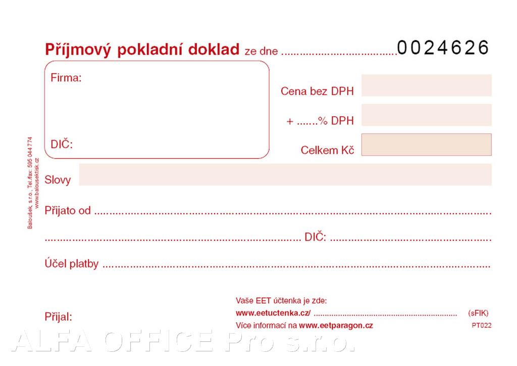 Příjmový pokladní doklad Baloušek A6 / číslovaný / 50 listů 1+1 / PT022