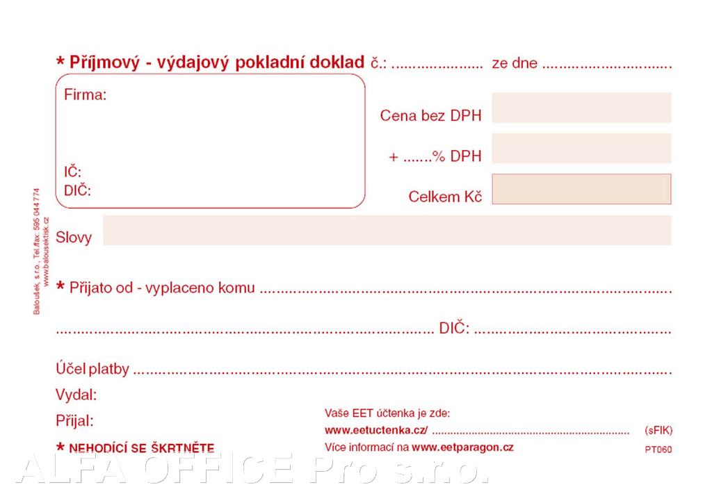 Univerzální příjmový a výdajový pokladní doklad Baloušek A6 / nečíslovaný / 50 listů / NCR