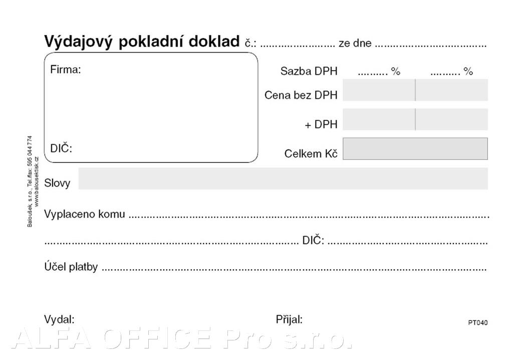 Výdajový pokladní doklad Baloušek A6 / nečíslovaný / 50 listů / NCR / PT040