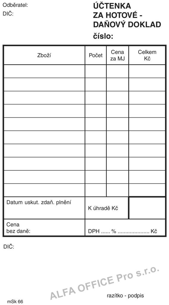 MSK 7400065 účtenka za hotové nečíslovaná 100 listů NCR