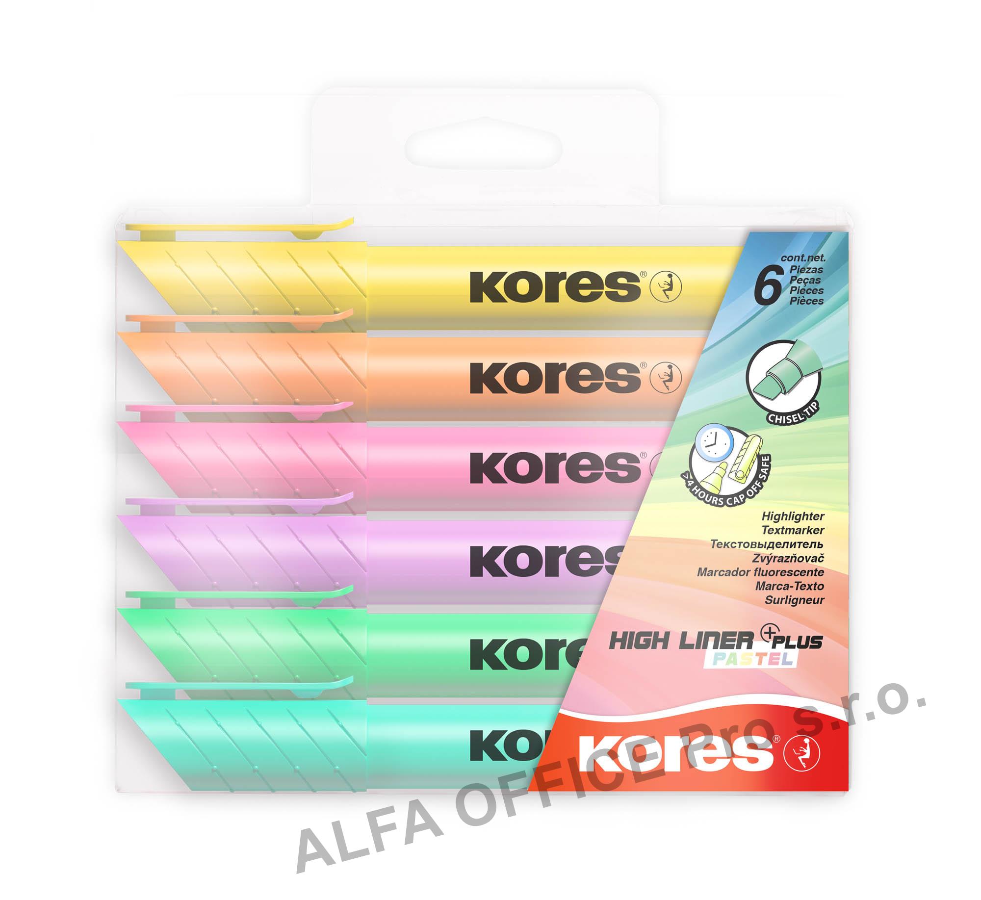 Zvýrazňovač Kores High liner PLUS PASTEL - sada 6 ks