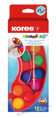 Vodové barvy Kores Akuarellos - 12 barev / průměr 30 mm + štětec