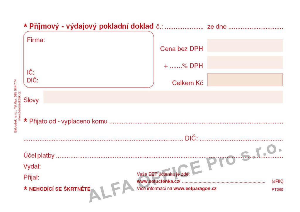 Univerzální příjmový a výdajový pokladní doklad Baloušek A6 / nečíslovaný / 50 listů / NCR