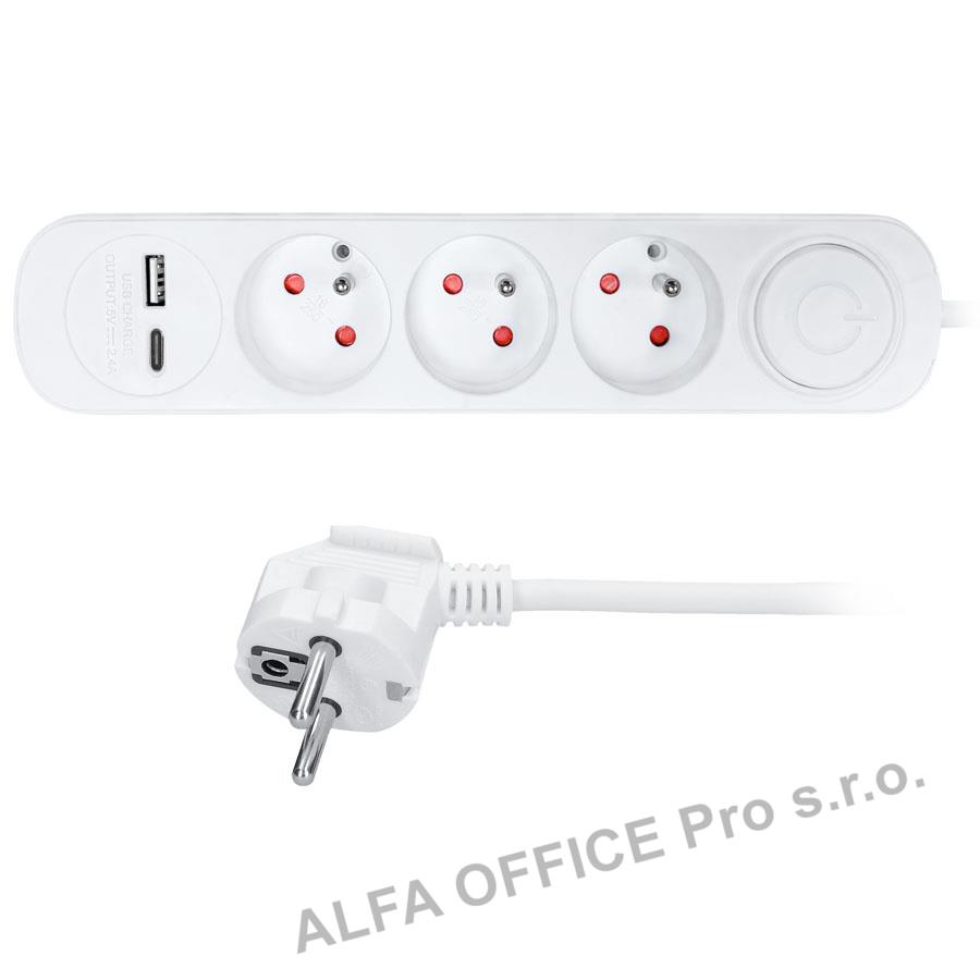 Prodlužovací přívody s USB A+C - 3 zásuvky / 2  m